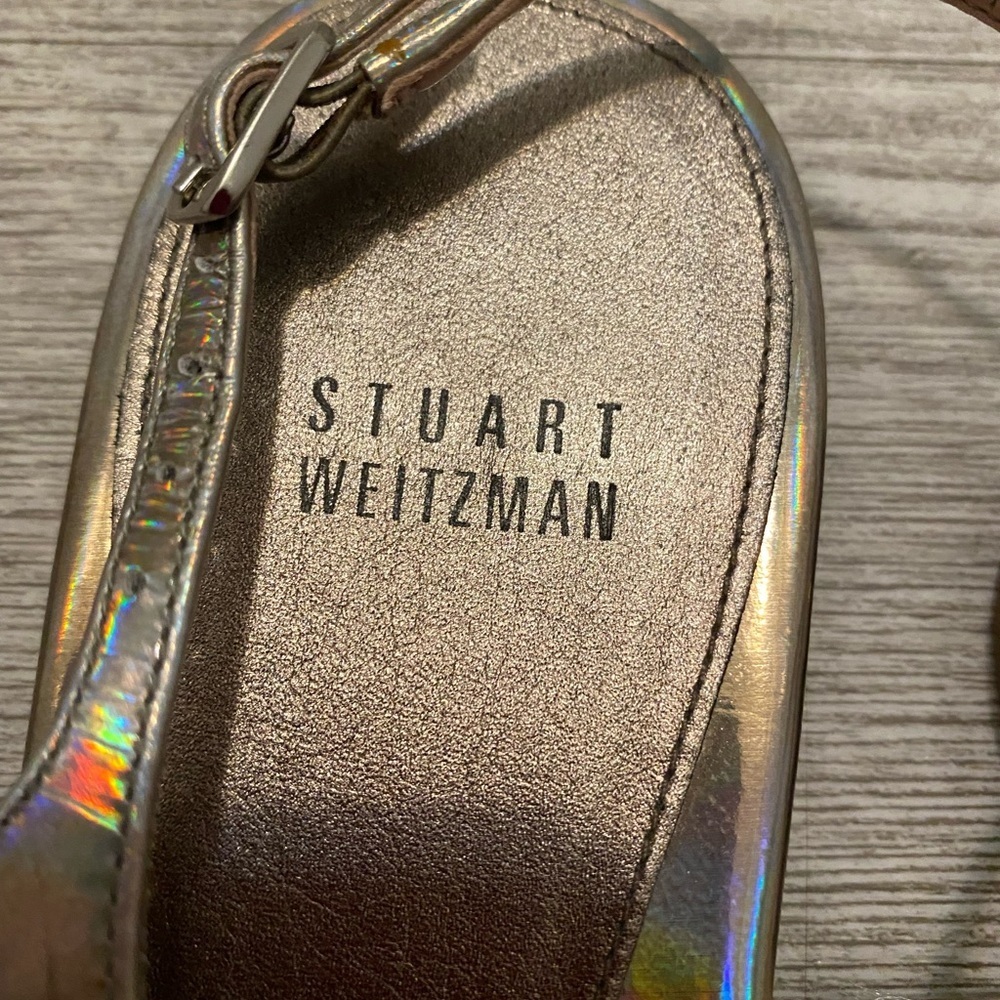 Stuart Weitzman pewter size 8M sandals W toe hold and back strap. Has tassels - Picture 12 of 13